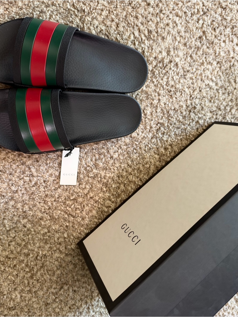 Gucci Men's Black Slide Sandals with Green & Red Stripes Sz 8